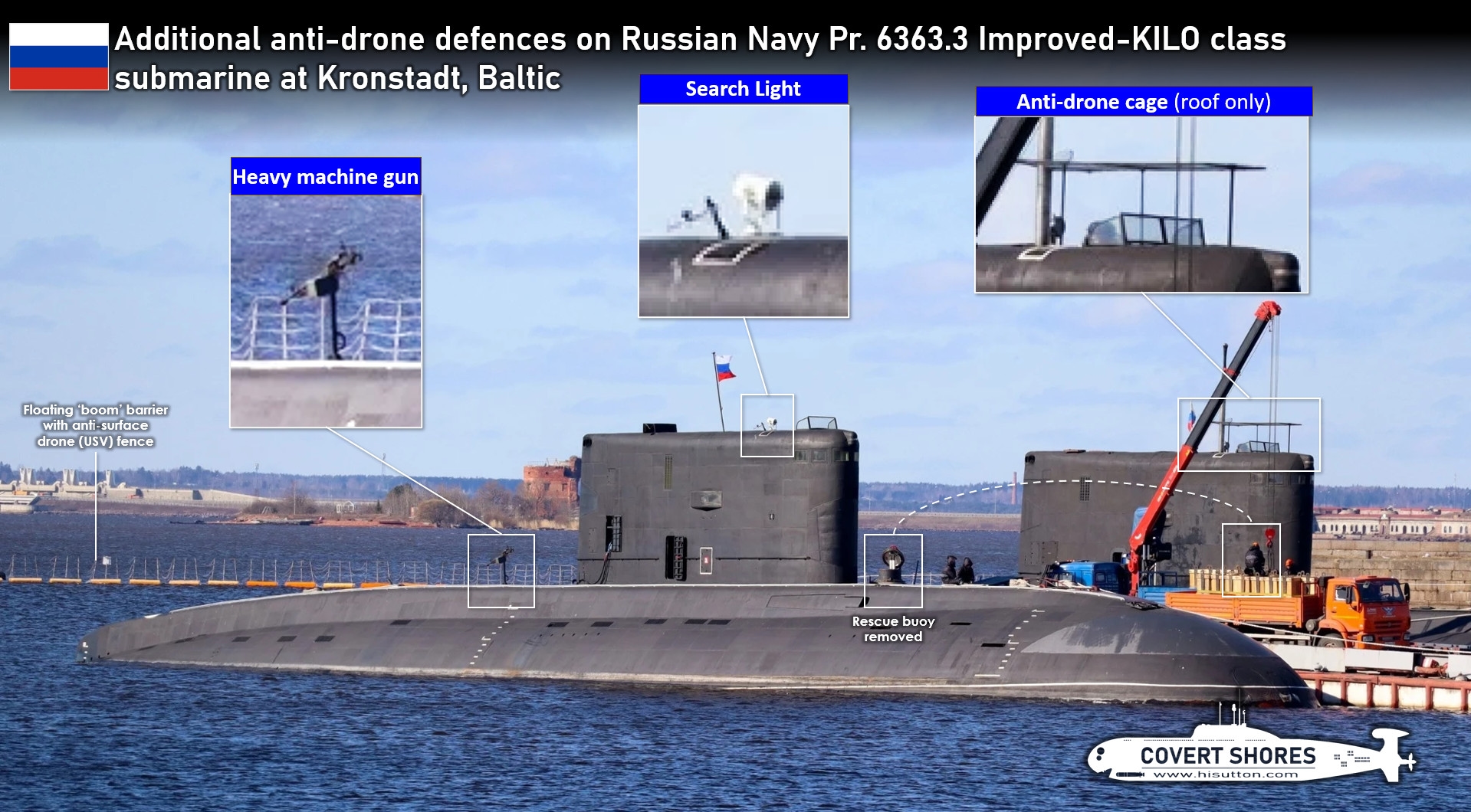 Российская подлодка проекта 636.3 со средствами защиты от дронов, в том числе «мангалом»